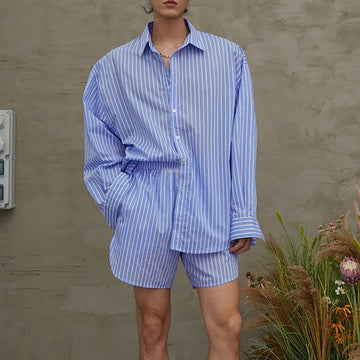 AIDASE  -  Korean Style Fashion Striped Sets Men's Long Sleeved Shirt Shorts Casual Streetwear Male Loose Two-piece Sets S-5XL aidase-shop